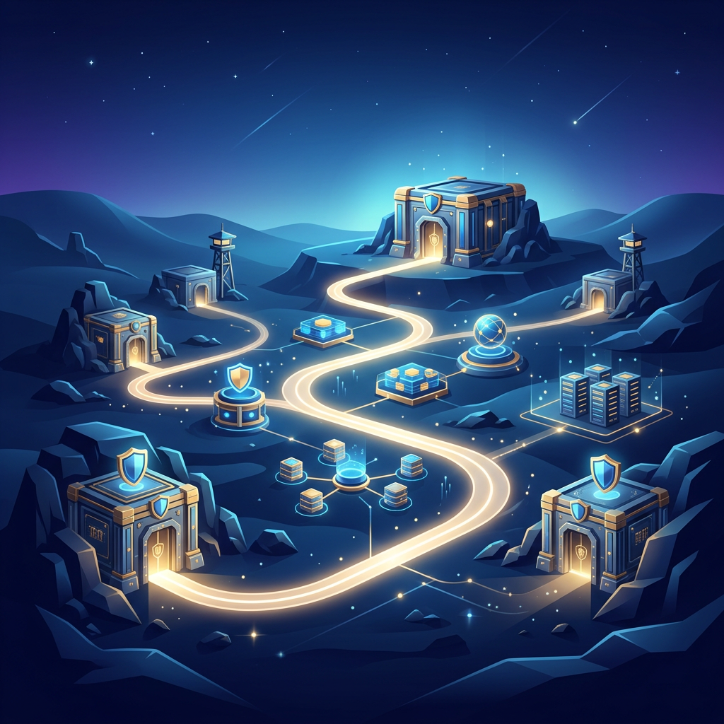 Futuristic cybersecurity network with glowing paths, shield icons, gateways, and servers