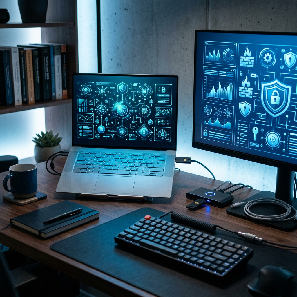 Dual-screen workstation displaying cybersecurity dashboards with charts and security icons