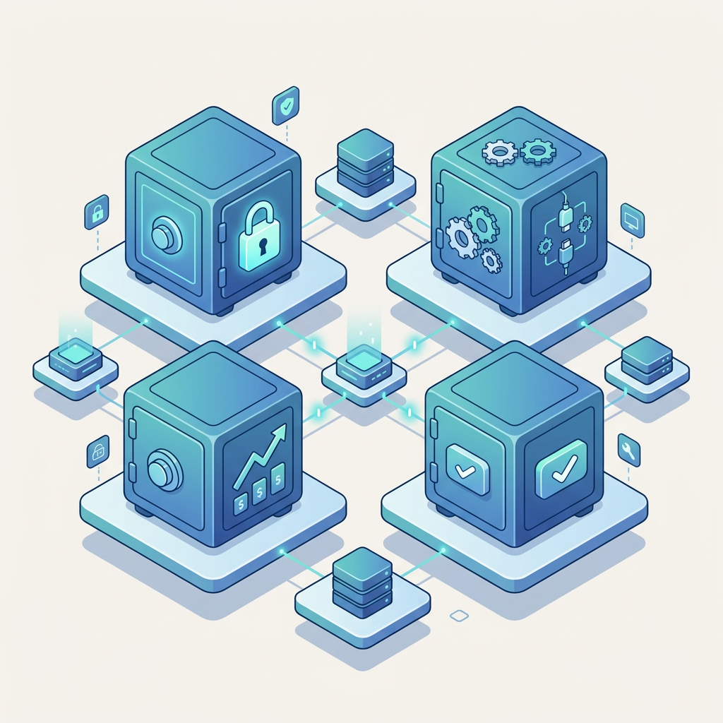 Isometric cybersecurity network connecting secure vaults, servers, analytics, and verified systems
