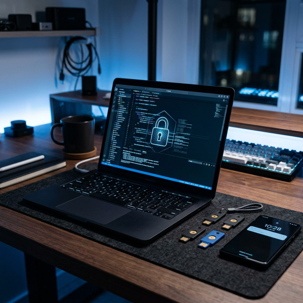 Modern developer workspace with security keys