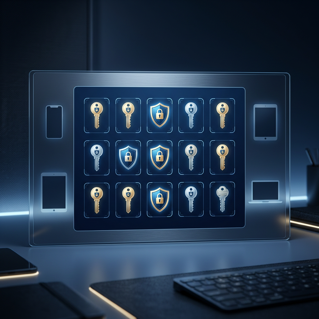 Cybersecurity dashboard displaying keys, shields, and connected devices